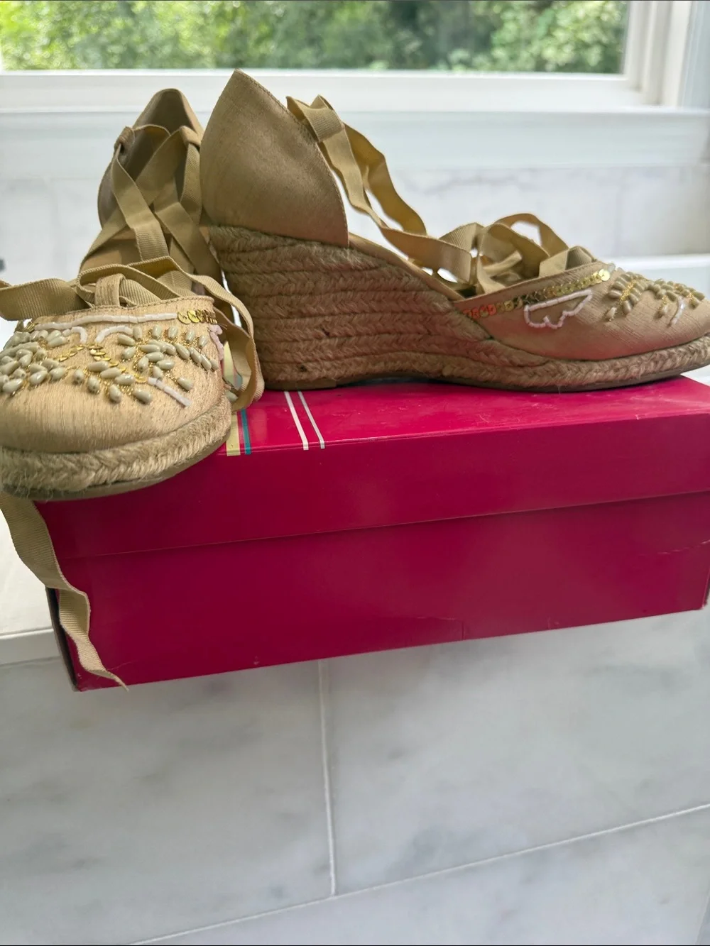 BCBG Tan Embellished Lace-Up Espadrilles